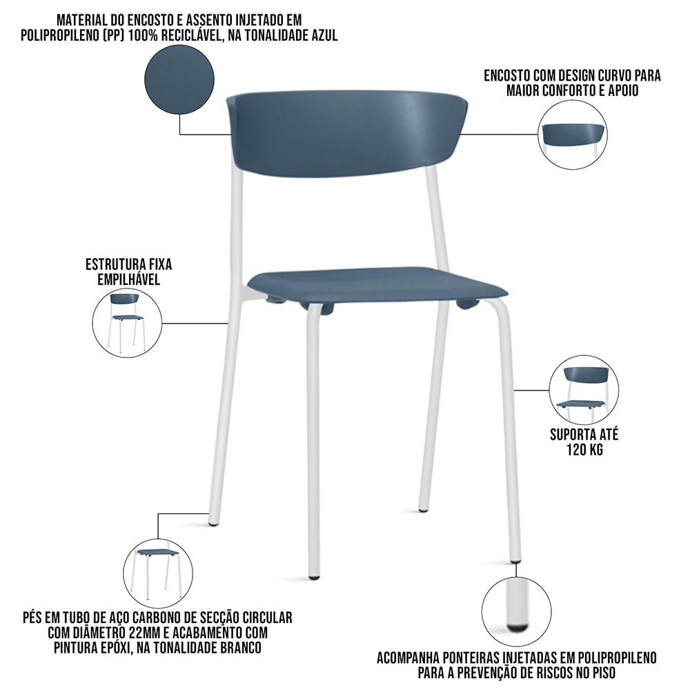 Cadeira Empilhável Fixa Atom F02 Base Aço Branco Azul - Lyam Decor