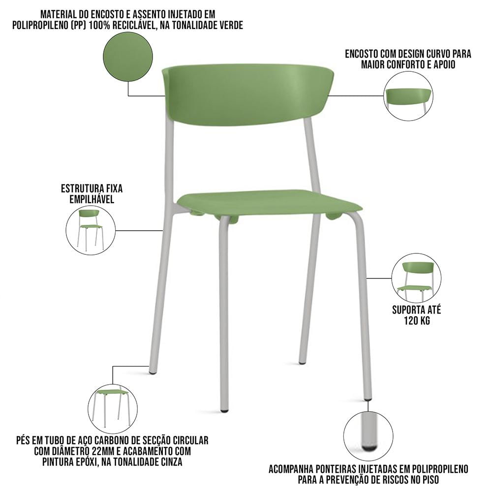 Kit 02 Cadeiras Empilhável Fixa Atom F02 Base Aço Cinza Verde - Lyam Decor