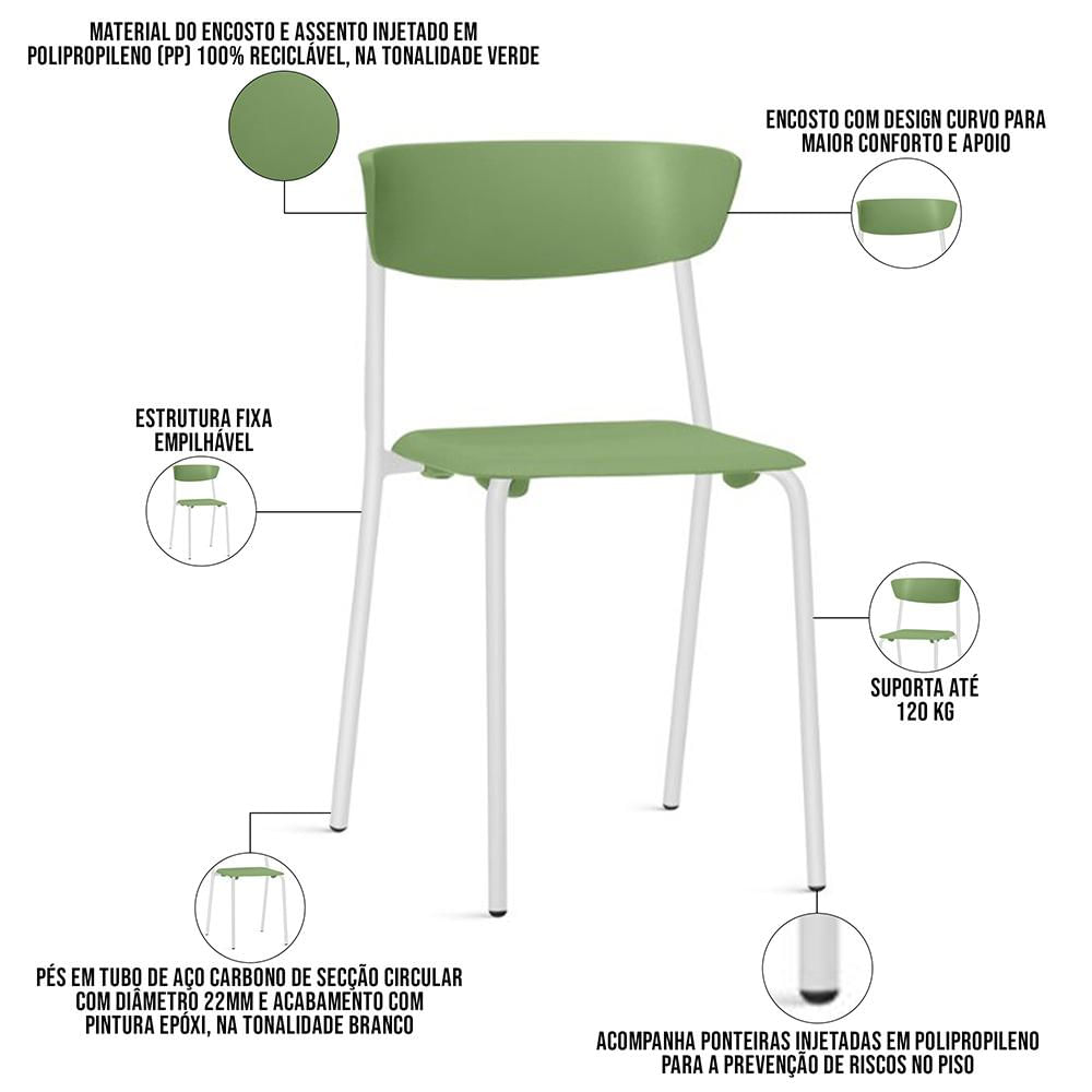 Cadeira Empilhável Fixa Atom F02 Base Aço Branco Verde - Lyam Decor