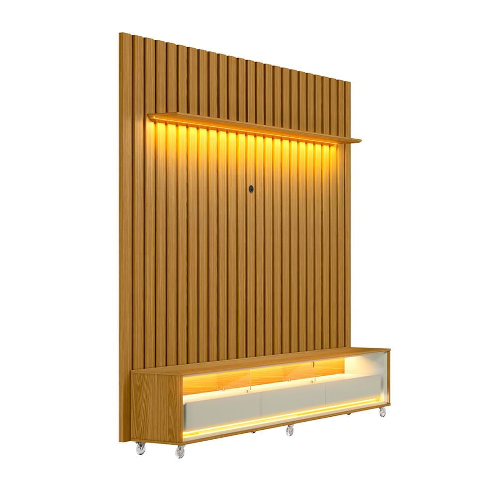 Rack com Painel Ripado até 70 Polegadas Sintra com LED 3 GV Cedro e Off White Alt 242 Larg 222 cm