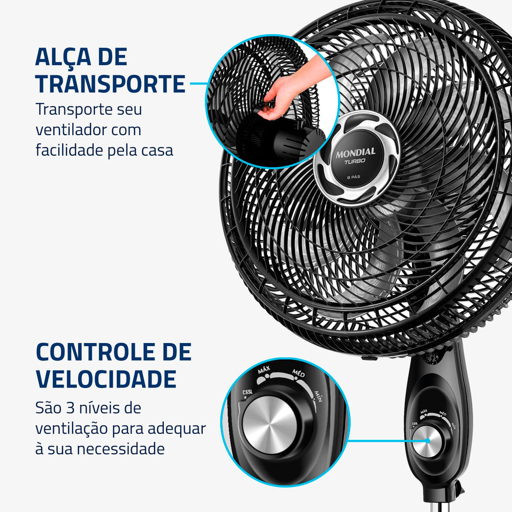 Ventilador de Coluna 40cm Turbo, Mondial, Preto/Prata, 140W, 220V - NVT-40C-8P-B