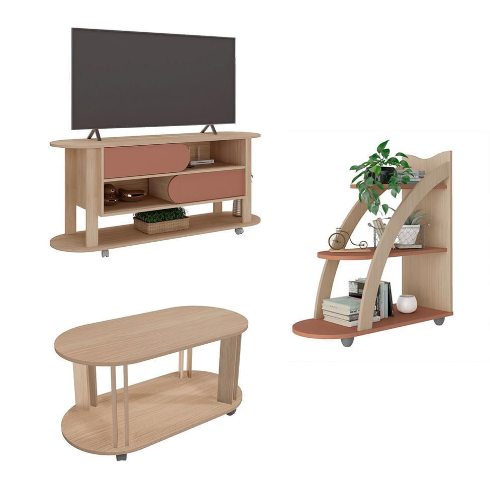 Conjunto para Sala de Estar Mundi com Rack para TV até 65 Polegadas, Mesa de Centro e Mesa Lateral Naturale e Terracota