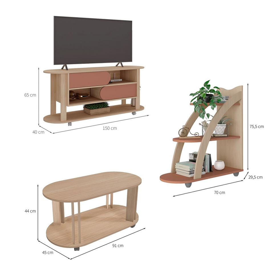 Conjunto para Sala de Estar Mundi com Rack para TV até 65 Polegadas, Mesa de Centro e Mesa Lateral Naturale e Terracota