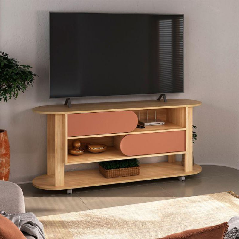 Conjunto para Sala de Estar Mundi com Rack para TV até 65 Polegadas, Mesa de Centro e Mesa Lateral Naturale e Terracota