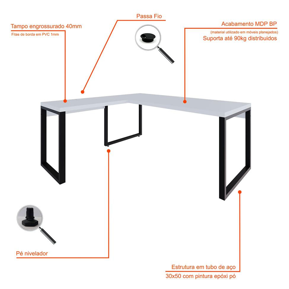 Mesa de Escritório em L Miguel Branca e Preta 190x150 cm