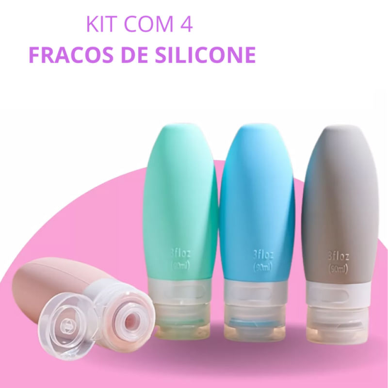 Kit Viagem 4 Frascos Silicone Porta Creme Shampoo Condicionador 90ml