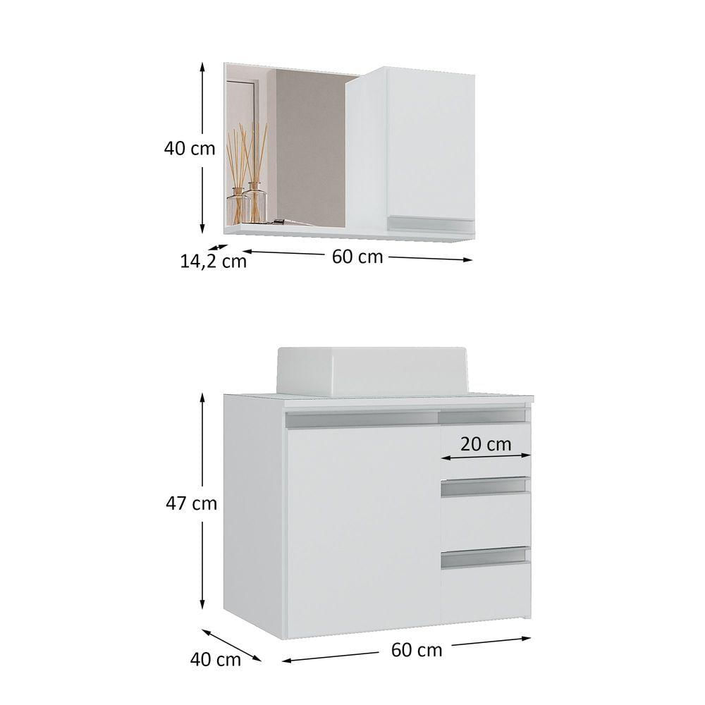 Conjunto Gabinete Banheiro Prisma 60cm - Gabinete + Cuba + Espelheira - Com Vidro Branco Inteiro