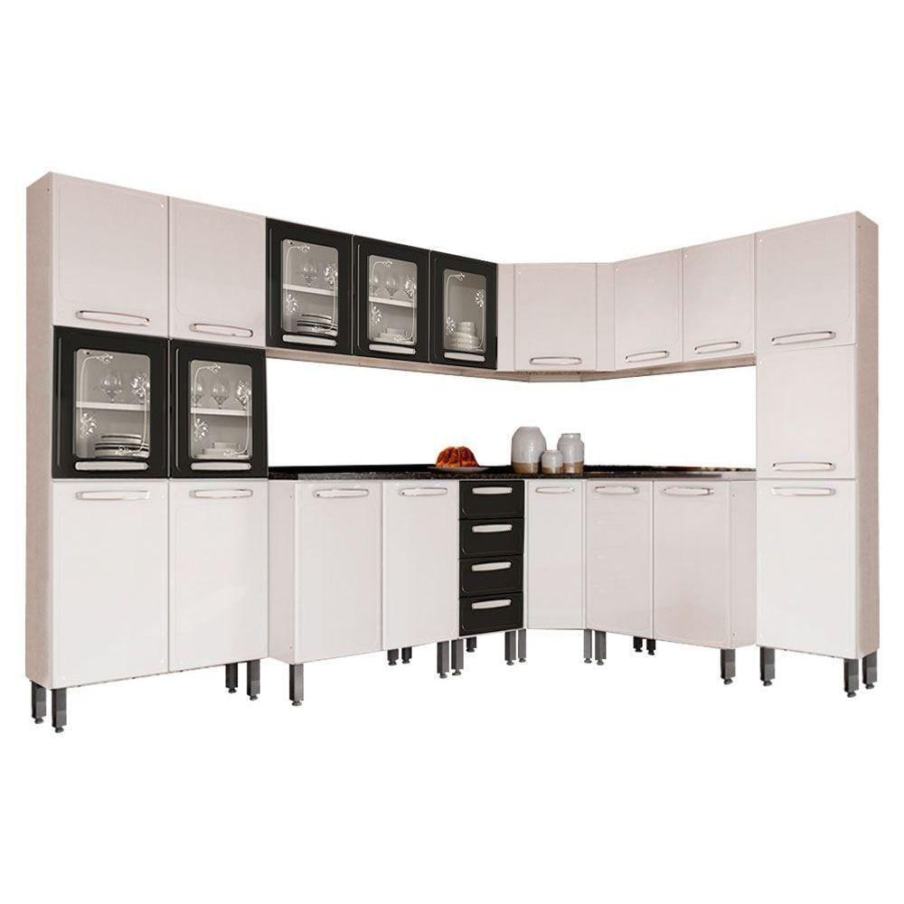 Cozinha Modulada Bertolini Evidence 8pçs (3 Armários + 3 Balcões + 2 Paneleiros) C8P22 Branco/Preto