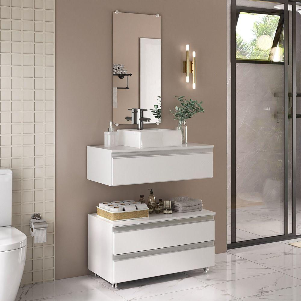 Conjunto De Gabinete Banheiro Creta 80cm (gabinete+cuba+espelheira) Branco Inteiro