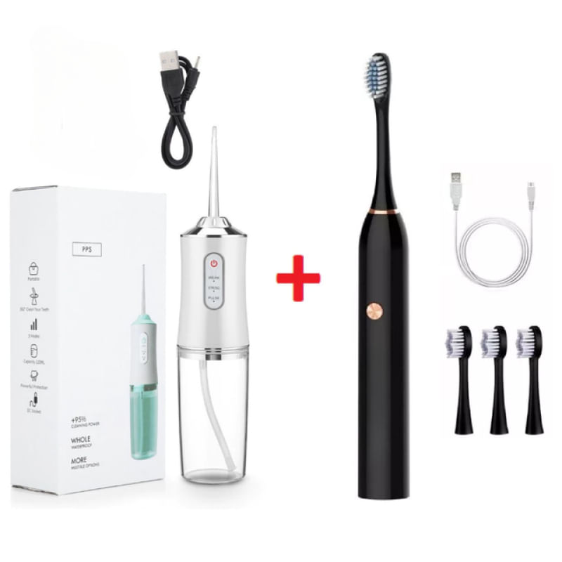 Kit Irrigador Oral sem Fio + Escova Dental Elétrica Recarregável – Higiene Bucal Completa