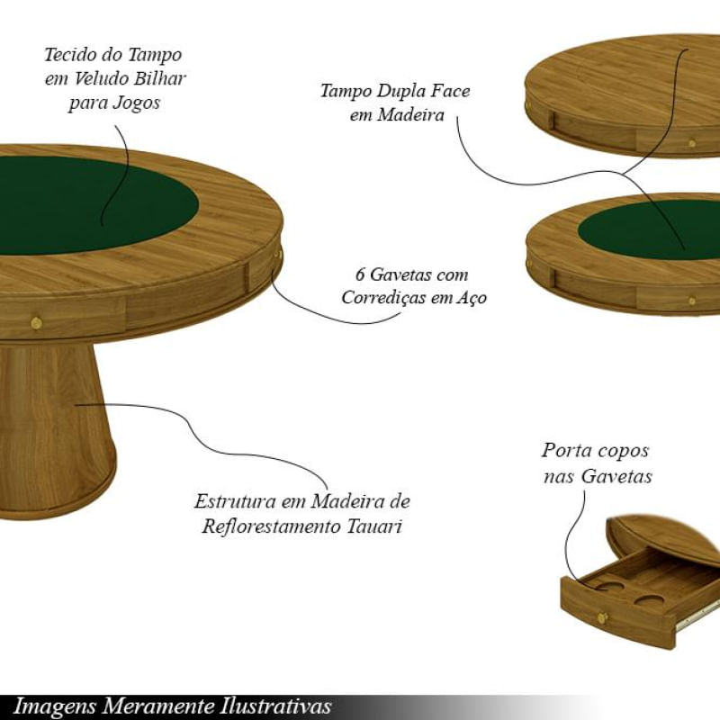 Mesa de Jogos Carteado 6 Lugares Bellagio com Gavetas e Tampo Reversível Base Cone com Tecido Mel/Verde G42 - Gran Belo