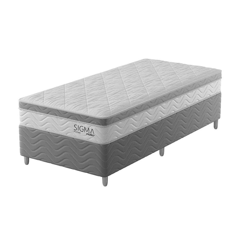 Cama Box com Colchão Solteiro Sigma Molas Ensacadas (22x88x188) Branco e Cinza