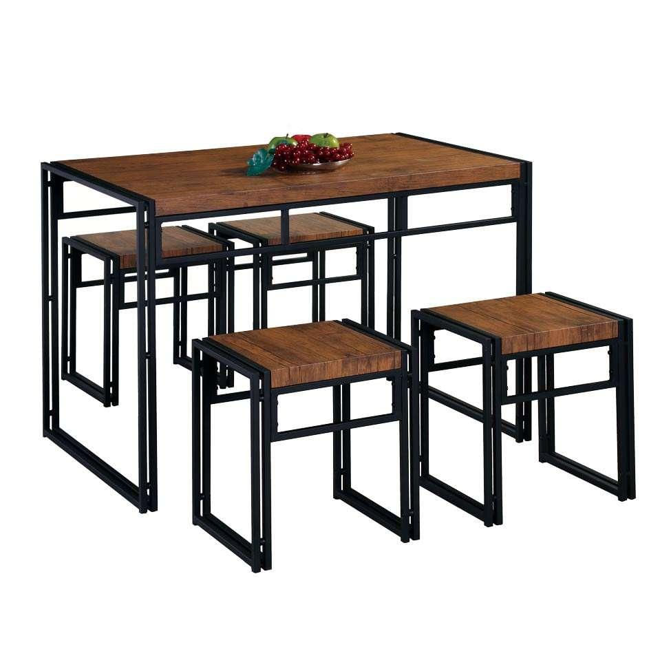 Conjunto de Mesa Wooden com 4 Bancos Preto e Amêndoa