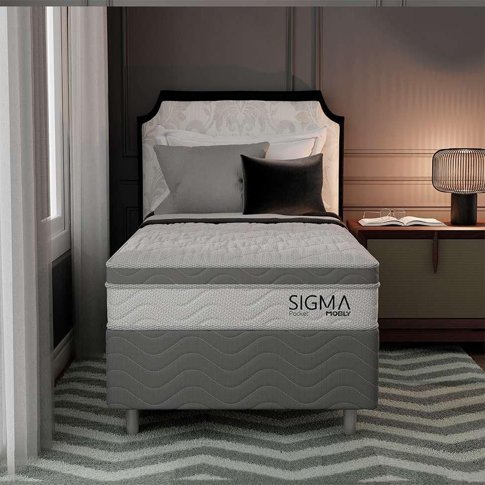 Cama Box com Colchão Solteirão Sigma Molas Ensacadas (22x108x198) Branco e Cinza