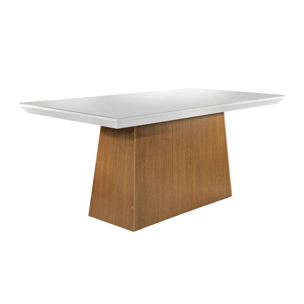 Conjunto de Mesa de Jantar Retangular com Tampo de Vidro Off White Luna e 6 Cadeiras Grécia Veludo Creme e Imbuia