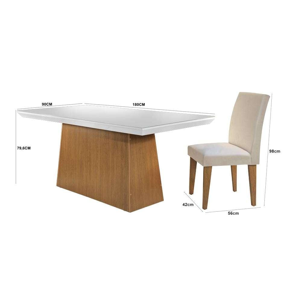 Conjunto de Mesa de Jantar Retangular com Tampo de Vidro Off White Luna e 6 Cadeiras Grécia Veludo Creme e Imbuia