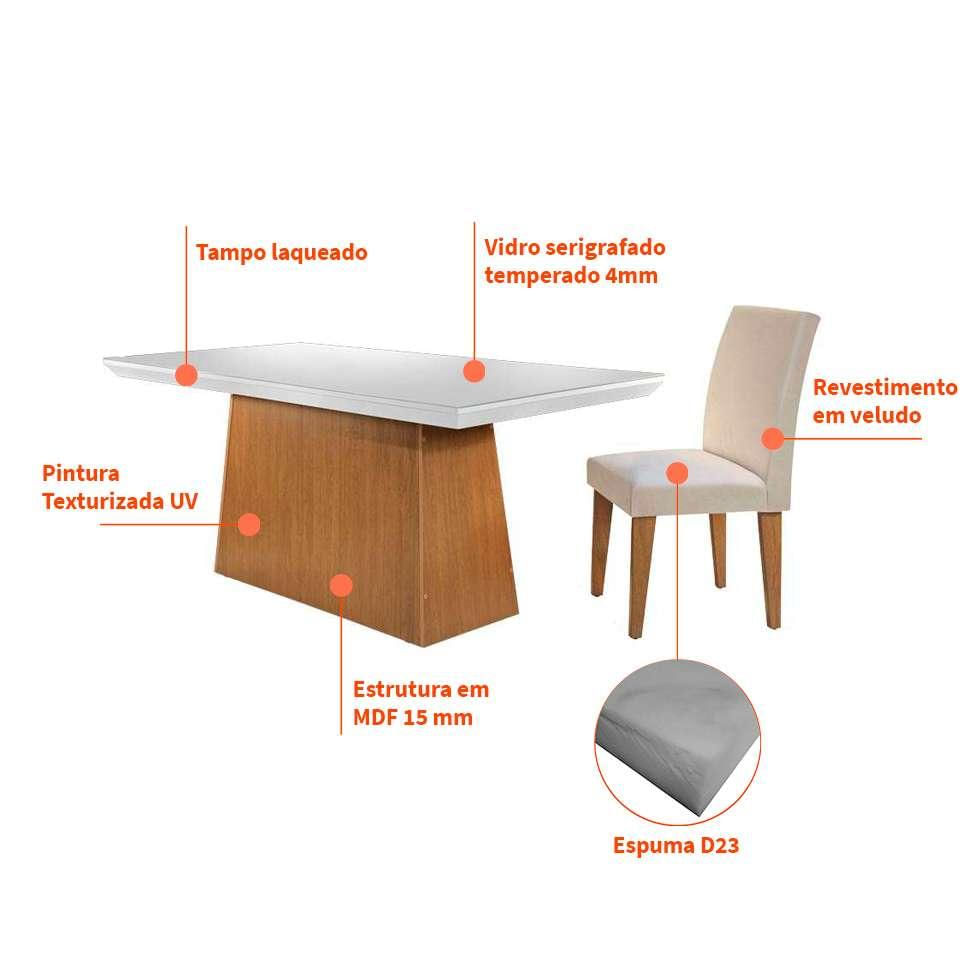 Conjunto de Mesa de Jantar Retangular com Tampo de Vidro Off White Luna e 6 Cadeiras Grécia Veludo Creme e Imbuia