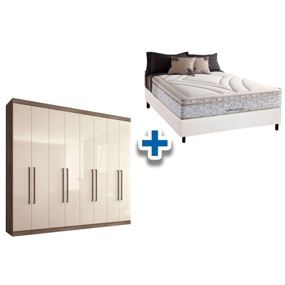 Cama Box Casal + Colchão American Herval + Guarda Roupa Master Vip 8.4 Castanha/Off White