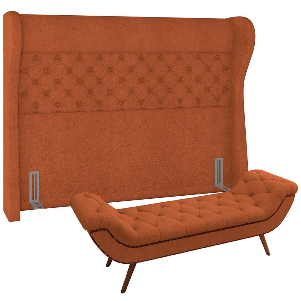 Kit Cabeceira Cama Box Casal 140 cm Madrid com Puff Recamier Santorini Bouclê Terracota - Lyam Decor