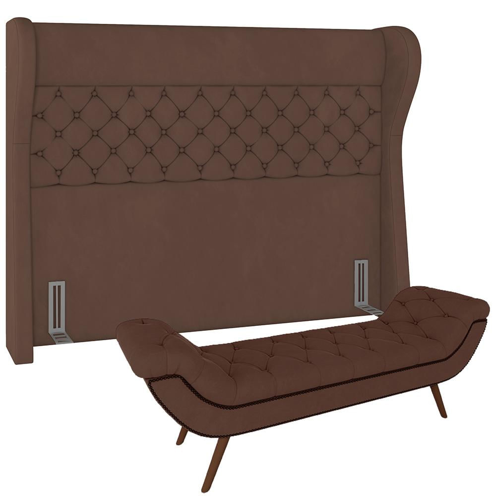 Kit Cabeceira Cama Box Casal 160 cm Madrid com Puff Recamier Santorini Veludo Marrom - Lyam Decor