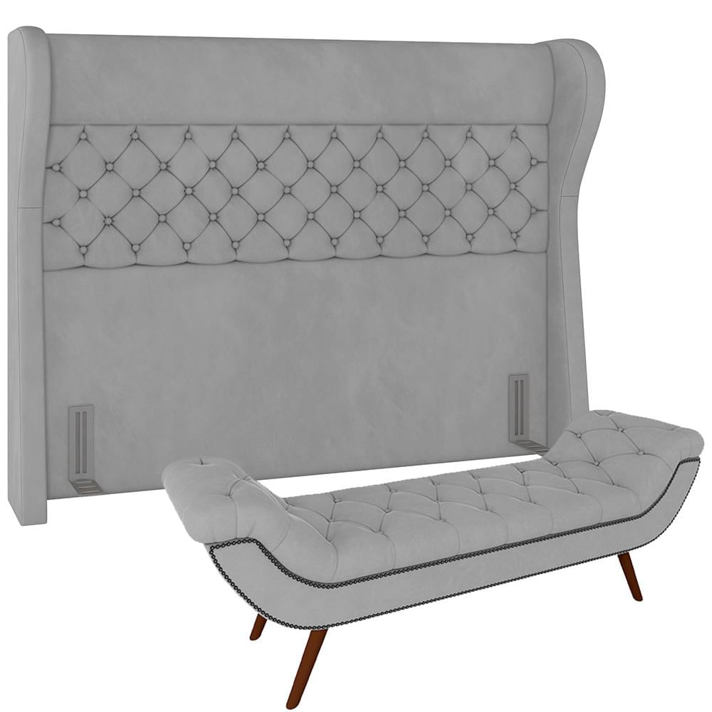 Kit Cabeceira Cama Box Casal 140 cm Madrid com Puff Recamier Santorini Veludo Cinza - Lyam Decor