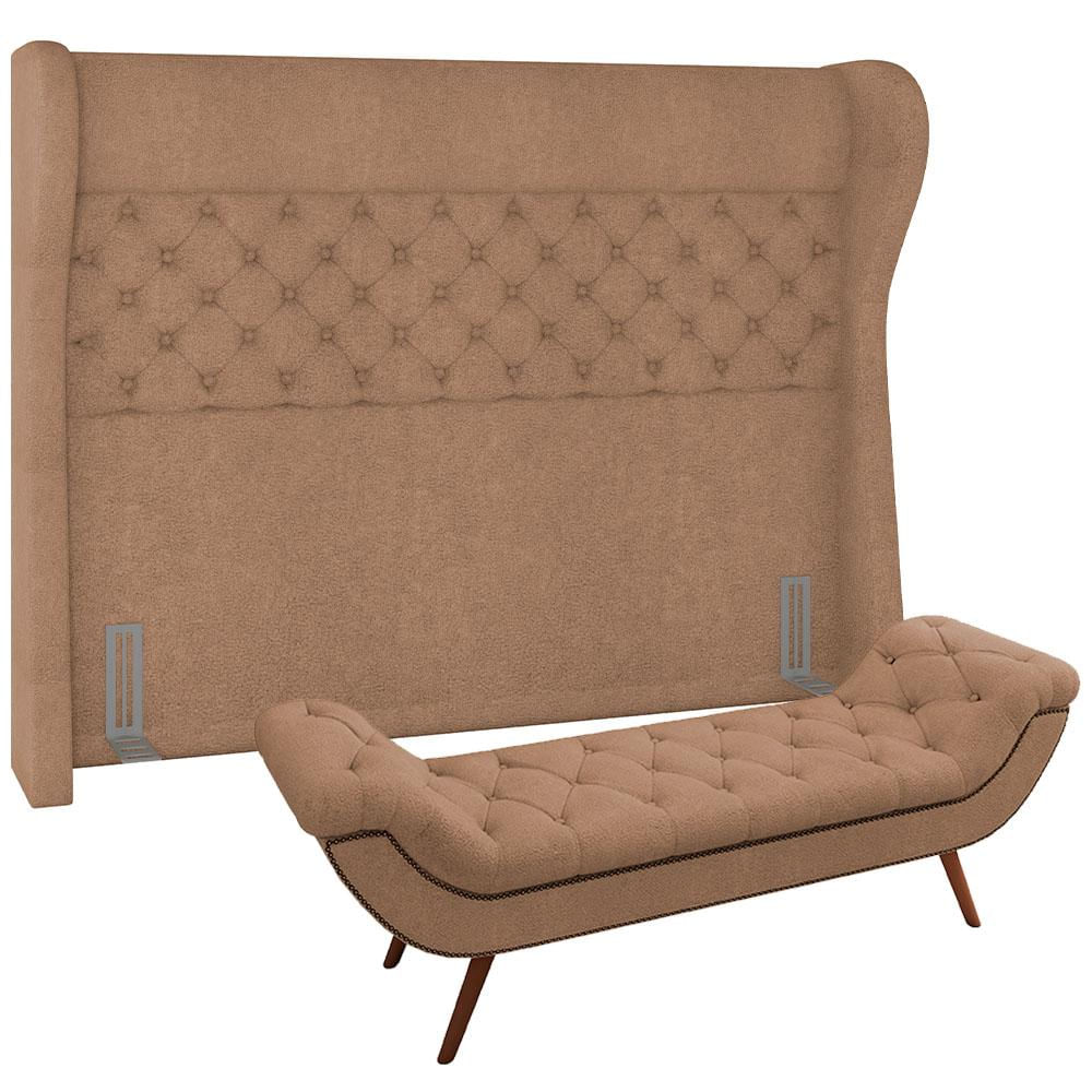 Kit Cabeceira Cama Box Casal 160 cm Madrid com Puff Recamier Santorini Bouclê Bege - Lyam Decor