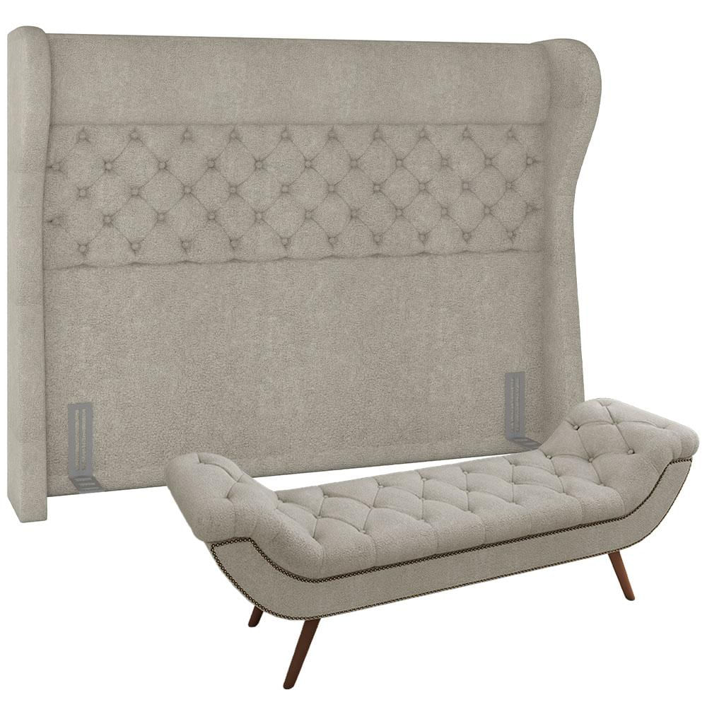 Kit Cabeceira Cama Box Casal 140 cm Madrid com Puff Recamier Santorini Bouclê Creme - Lyam Decor