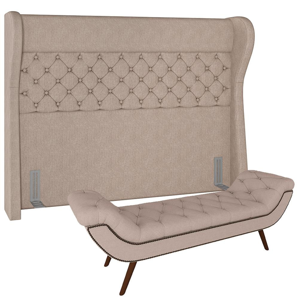 Kit Cabeceira Cama Box Casal 160 cm Madrid com Puff Recamier Santorini Linho Bege - Lyam Decor