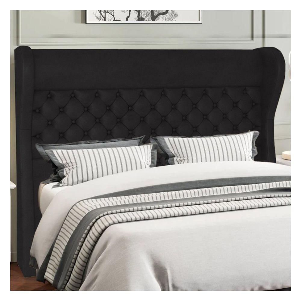 Kit Cabeceira Cama Box Casal 140 cm Madrid com Puff Recamier Santorini Couríssimo Preto - Lyam Decor