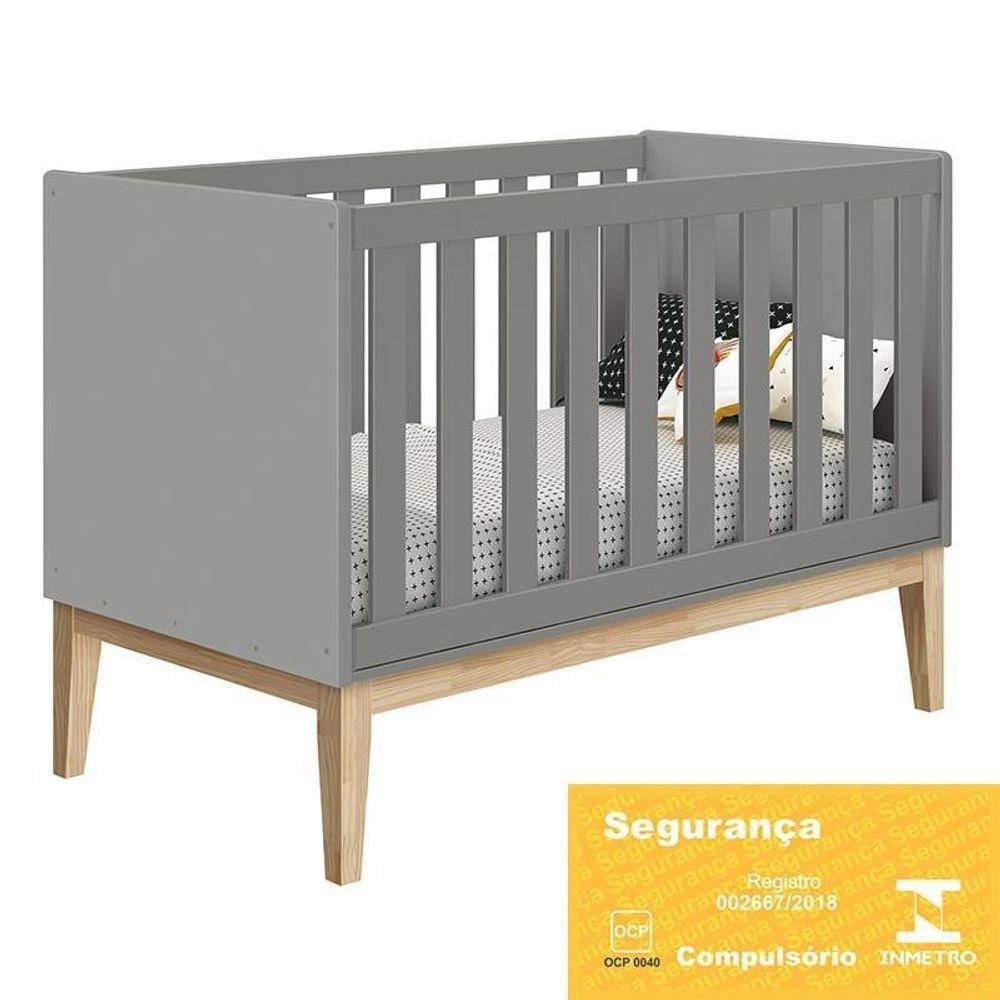 Jogo De Quarto Infantil Classic Cômoda 6 Gavetas E Berço Cinza Fosco Com Pés Madeira Natural Reller Móveis Cinza Fosco