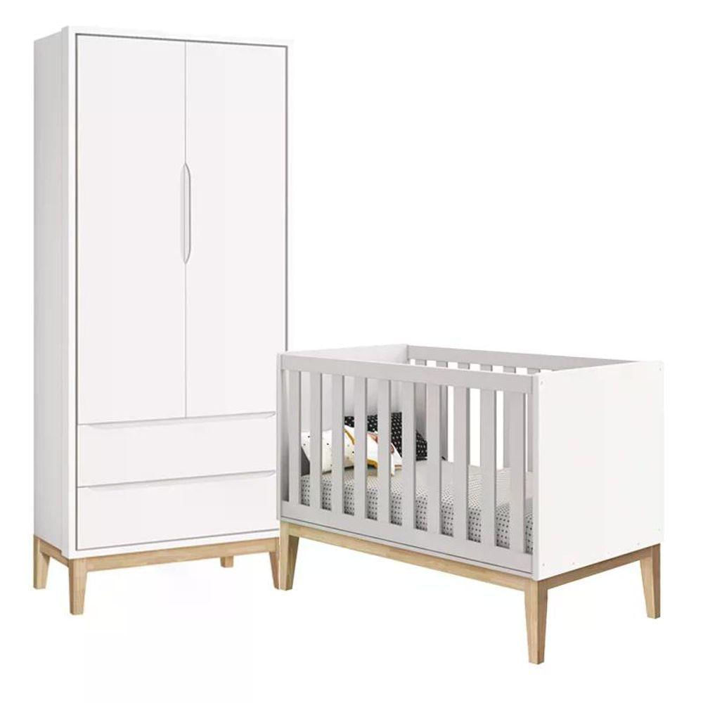 Jogo De Quarto Classic Guarda Roupa 2 Portas E Berço Branco Fosco Com Pés Madeira Natural Reller Móveis Branco Fosco