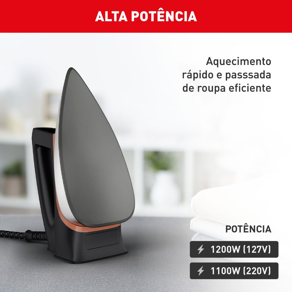 Ferro a Seco Arno Drygliss com Base Antiaderente, 1100W, Preto e Terracota, FS31 220V