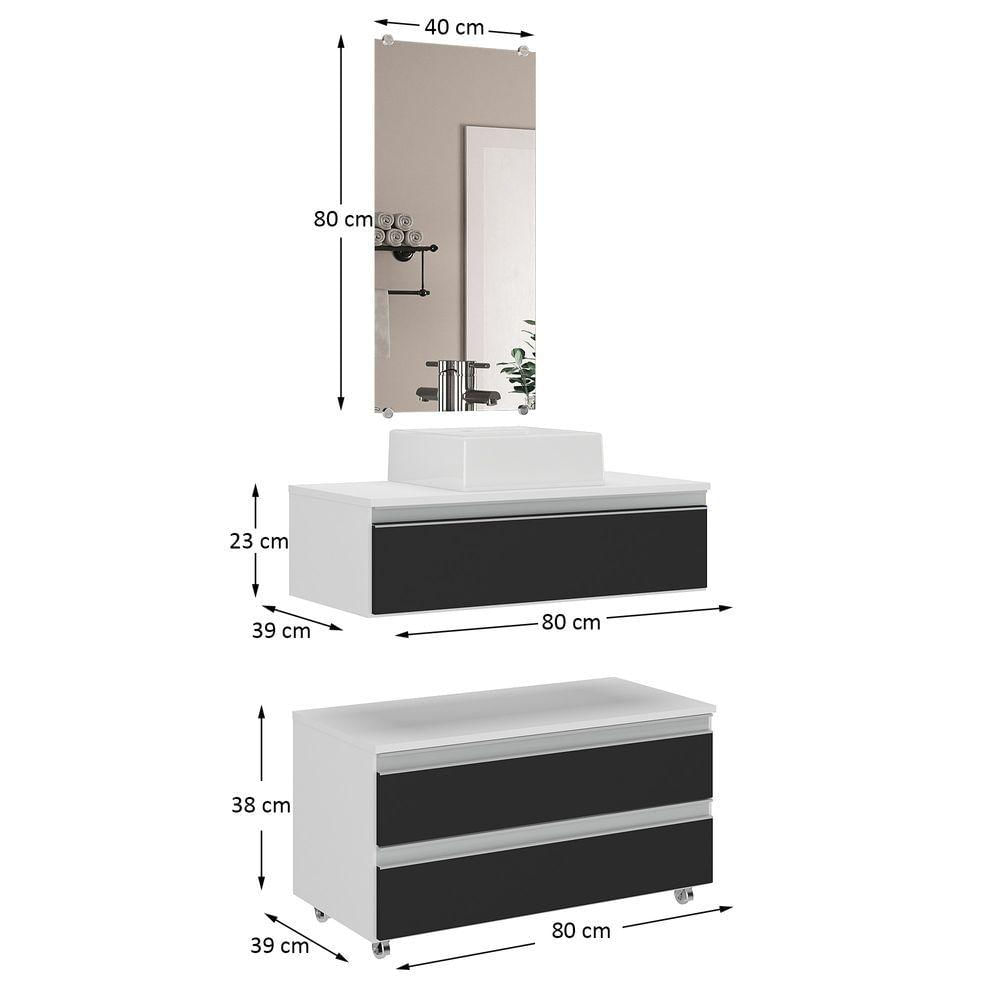 Conjunto De Gabinete Banheiro Creta 80cm (gabinete+cuba+espelheira) Branco Preto