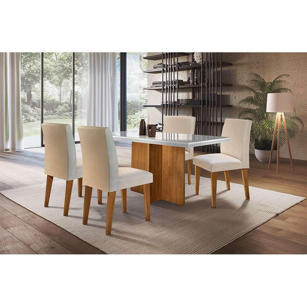 Conjunto de Mesa de Jantar Berlim II com Tampo de Vidro Off White e 4 Cadeiras Grécia Veludo Creme