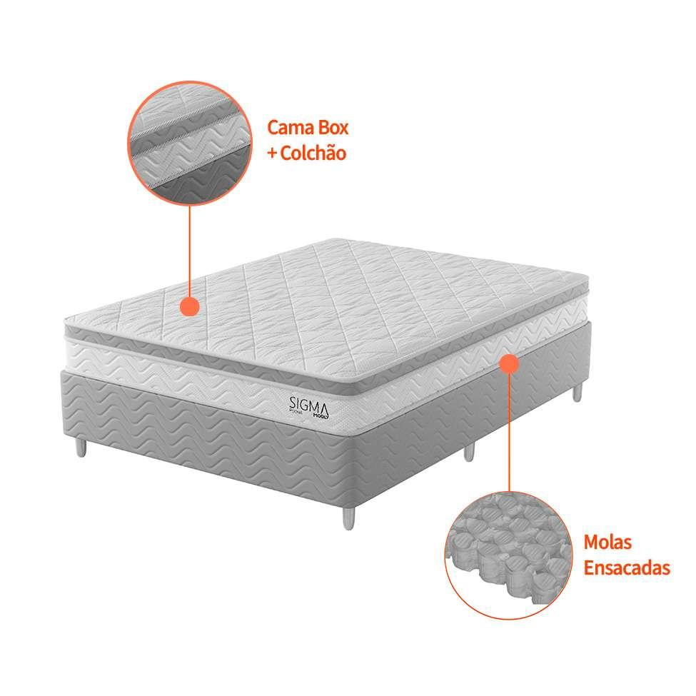 Cama Box com Colchão Casal Sigma Molas Ensacadas (22x138x188) Branco e Cinza