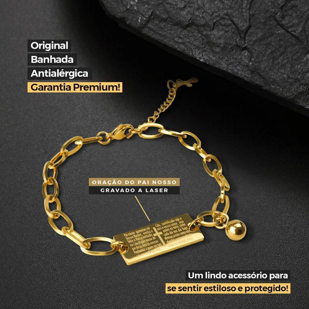 Pulseira Masculina Aço Dourada Banhada + Pingente Pai Nosso Casual Qualidade Premium Presente Social