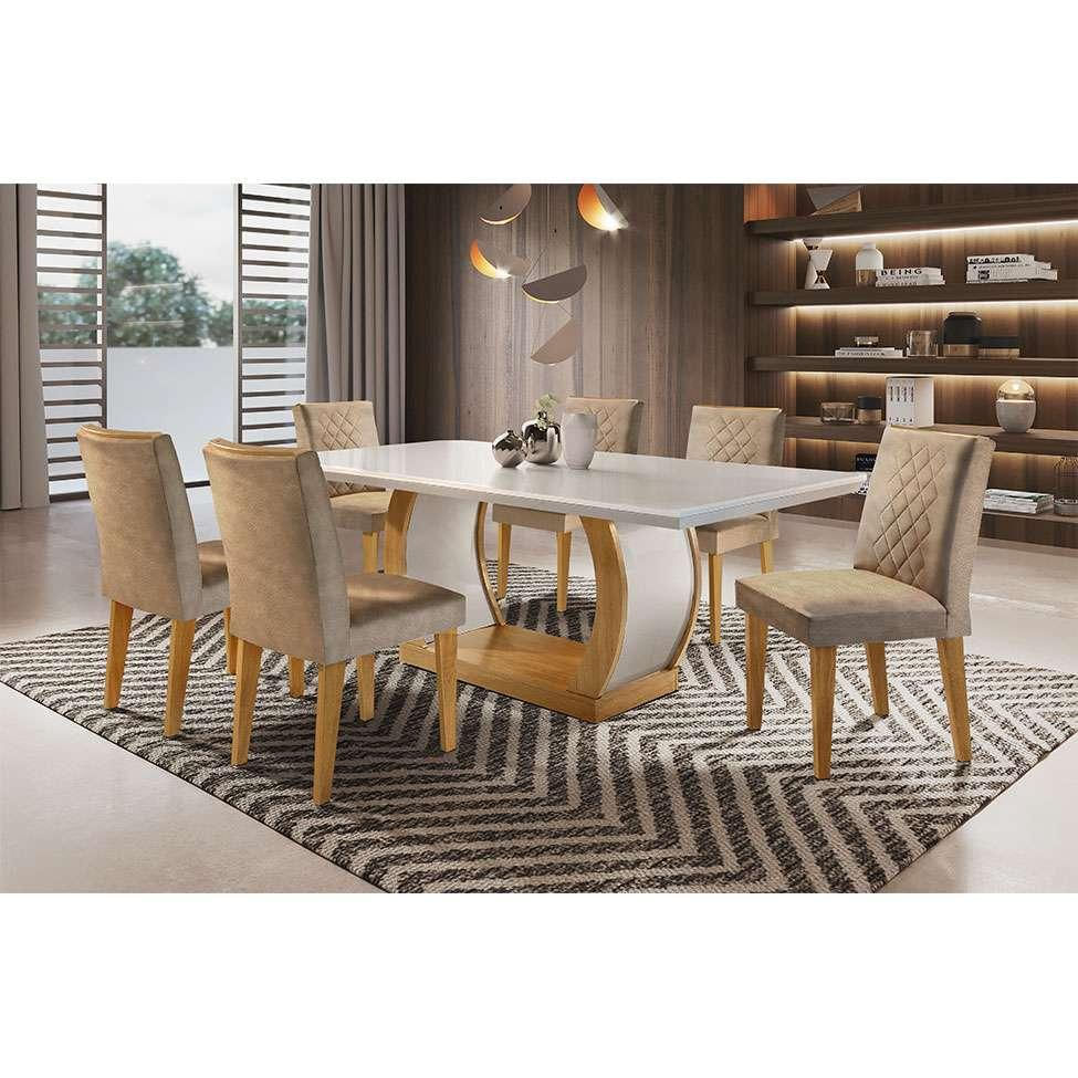 Conjunto de Mesa de Jantar com 6 Cadeiras Estofadas Maia Animalle Off White e Chocolate