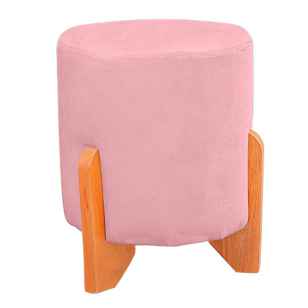 Puff Thor Luxo Madeira Maciça Redondo Suede Cor Rosa Bebe