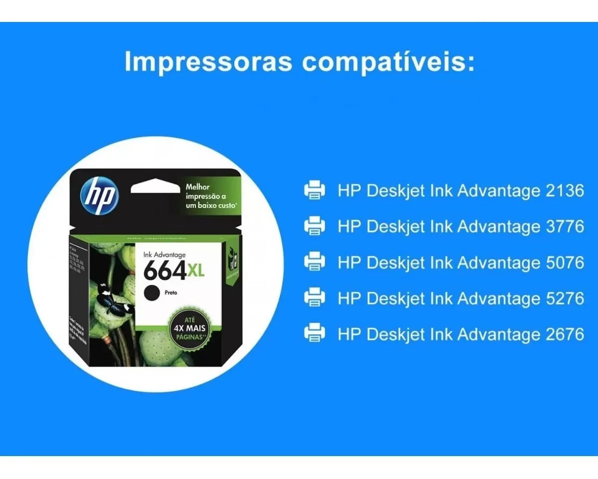 Cartucho HP 664XL Tinta Original Preto Alto Rendimento Deskjet 2136 2676 3776 5076