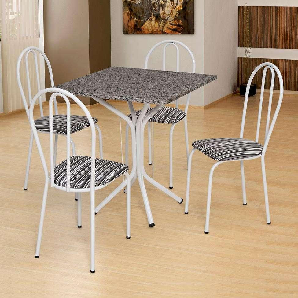 Conjunto de Mesa com 4 Cadeiras Thais Branco, Listrado Branco e Preto