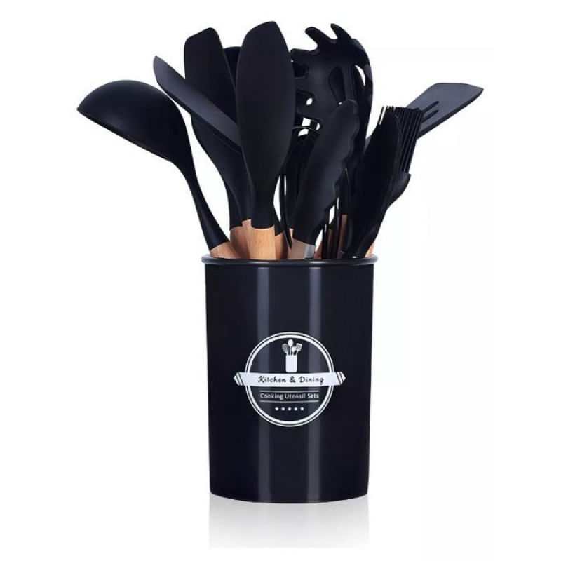 Conjunto de Utensílios de Cozinha em Silicone e Cabo de Madeira Antiaderentes C/12 Peças Preto