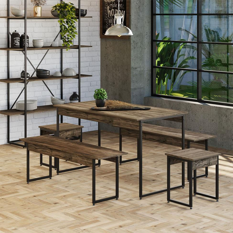 Conjunto de Mesa de Jantar com 2 Bancos e 2 Banquetas Studio Carvalho Dark e Preto