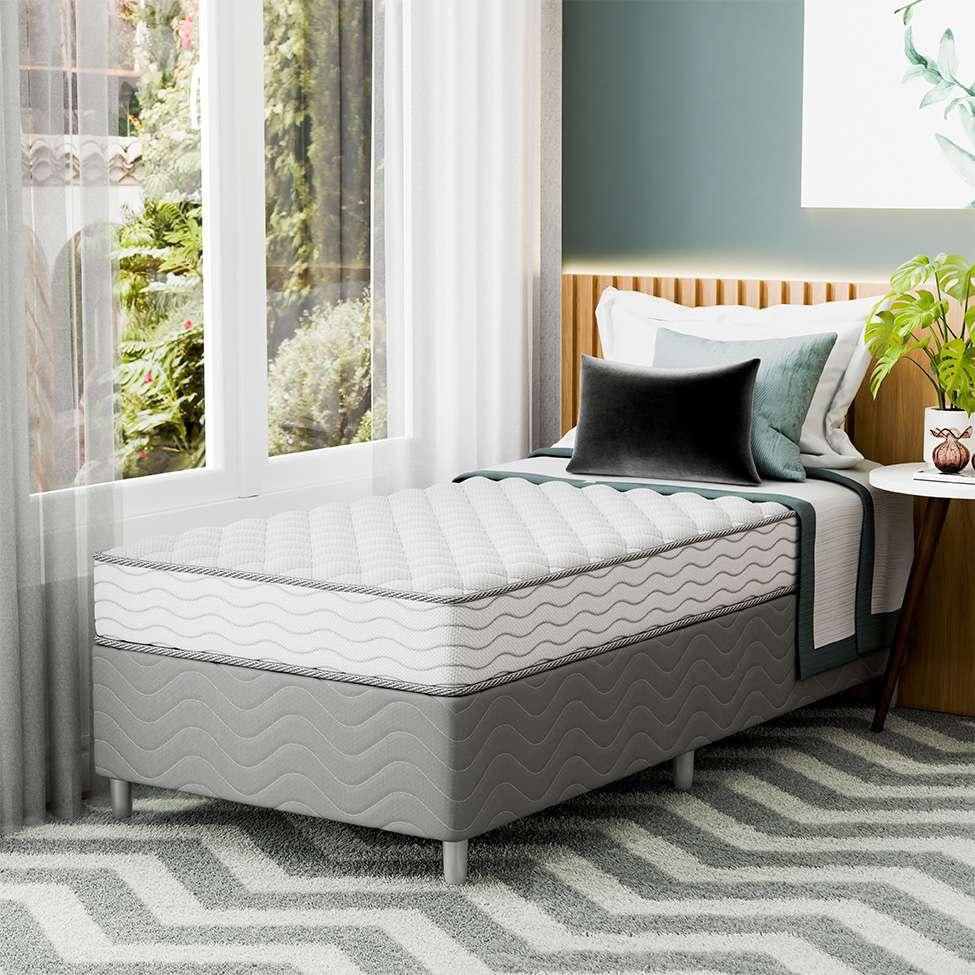 Cama Box com Colchão Solteirão Howie Espuma D33 (17x96x203) Branco e Cinza