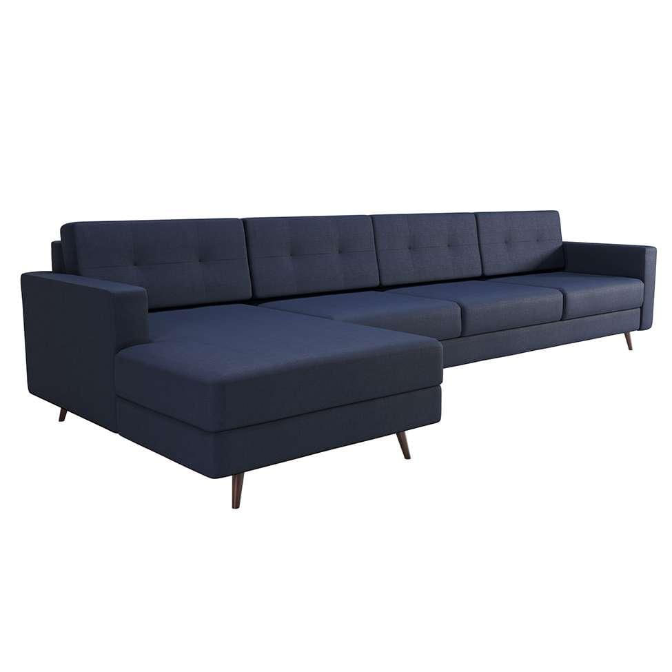 Sofá 4 Lugares Living com Chaise Esquerdo Pé Palito Linho Cotton Azul Marinho