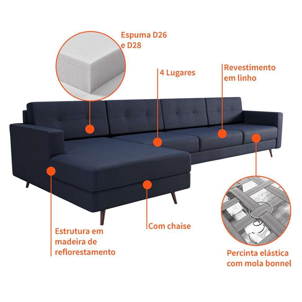 Sofá 4 Lugares Living com Chaise Esquerdo Pé Palito Linho Cotton Azul Marinho