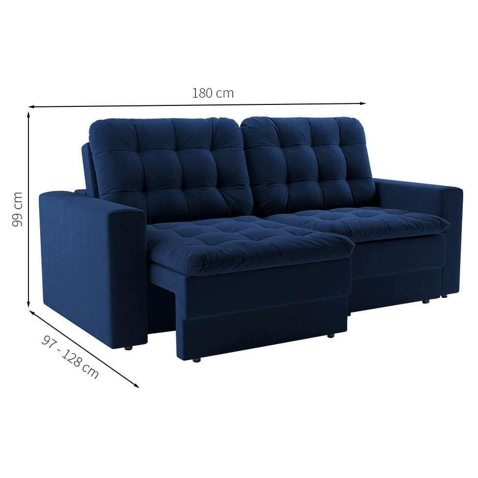 Sofá 3 Lugares Retrátil Lubeck Plush Suede Azul Marinho 180 cm