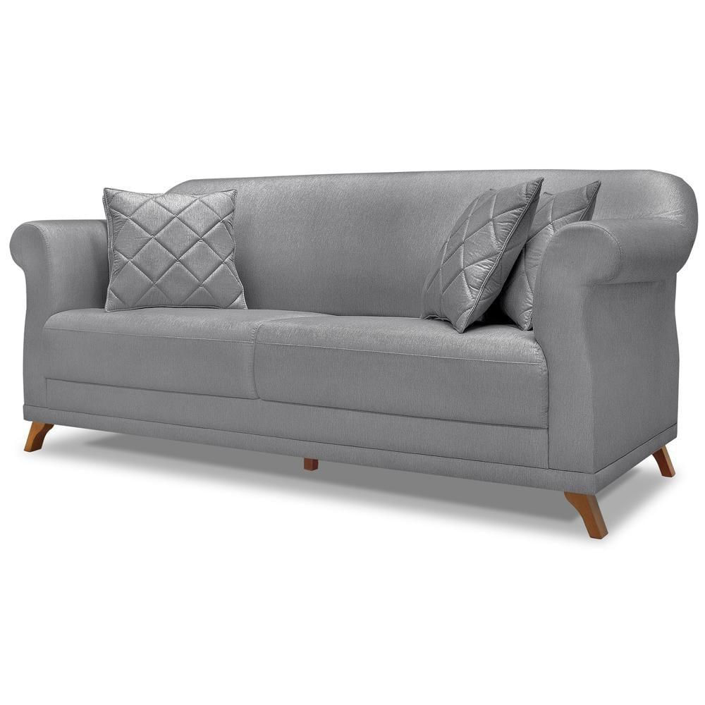 Sofa 3 Lugares Retro Polo 200cm Com Almofada Linho Cinza Ezz Cinza