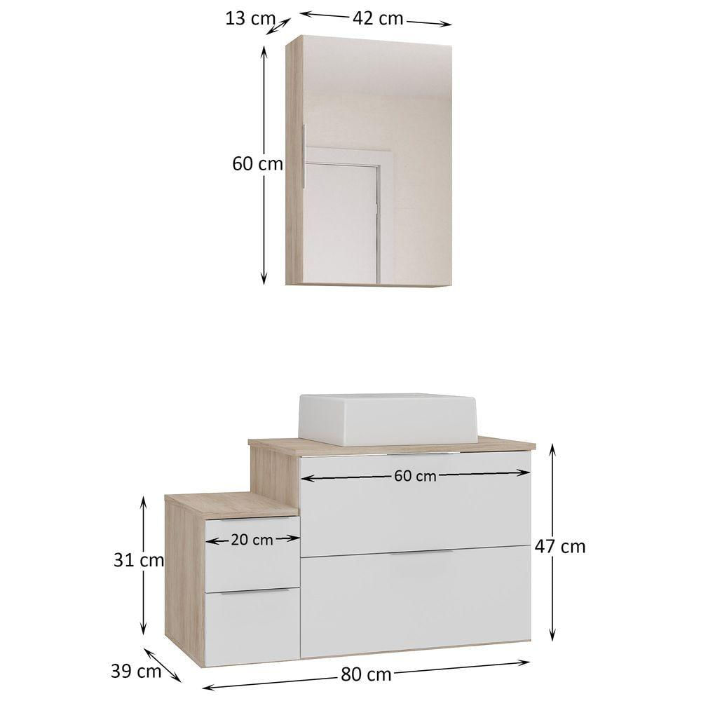 Conjunto Gabinete Banheiro Nivus 80 (gabinete+espelheira+cuba) Madeirado Branco