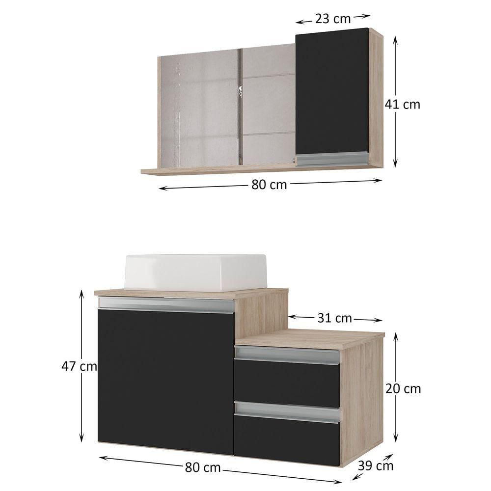 Conjunto Gabinete Banheiro Cross 80 (gabinete+espelheira+cuba) Madeirado Preto