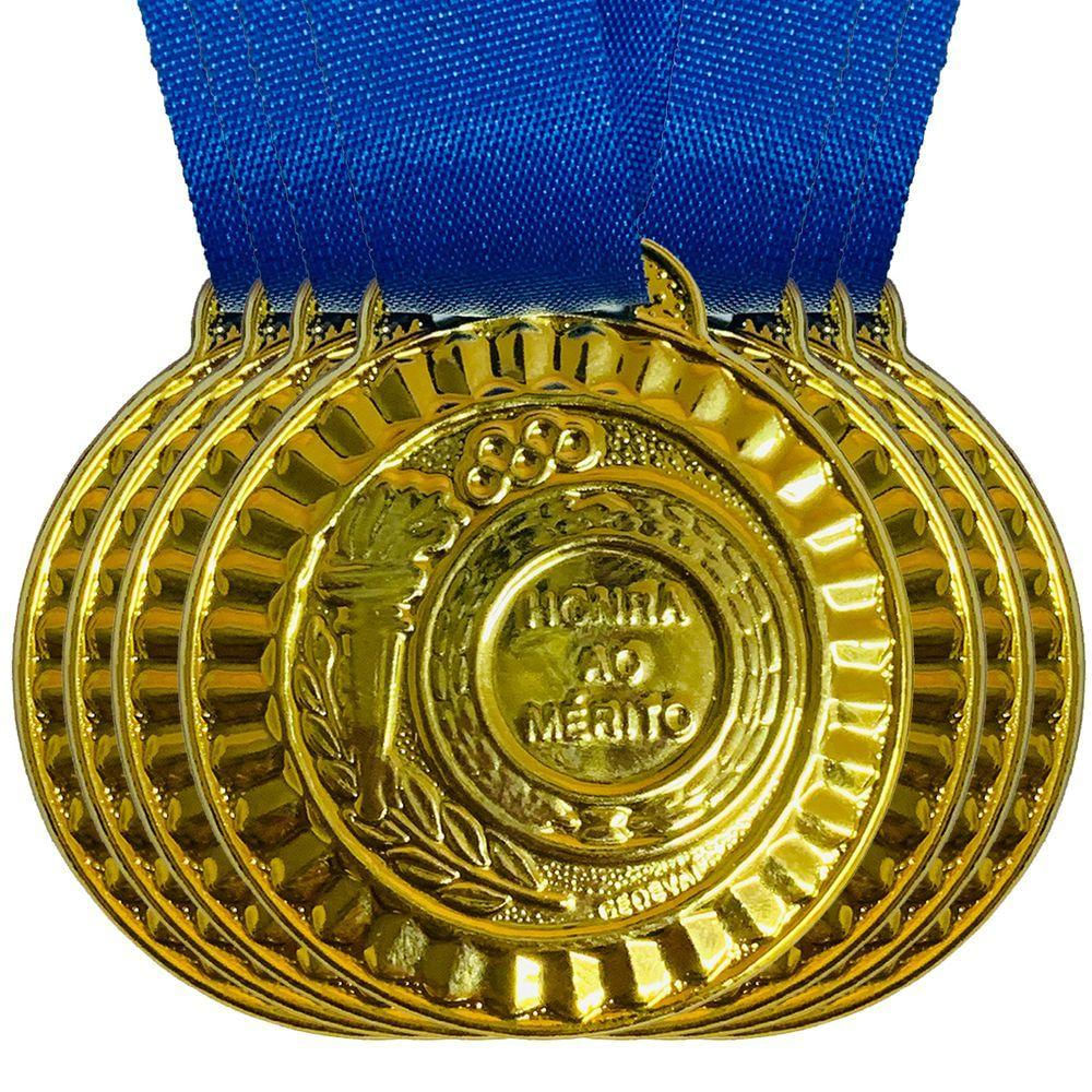 Kit 35 Medalhas Honra Ao Mérito De Metal 4,4cm + Fita Azul ouro